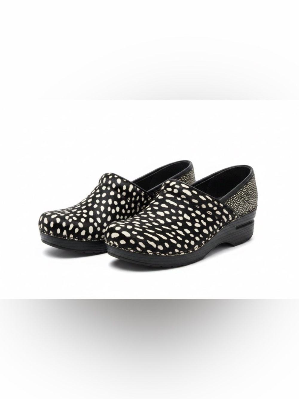Dansko Black and White Spotted Clogs